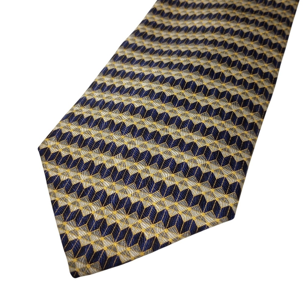 Domani Mens Silk Necktie Navy Blue Gold Silver Geometric 3D Cube Pattern Korea